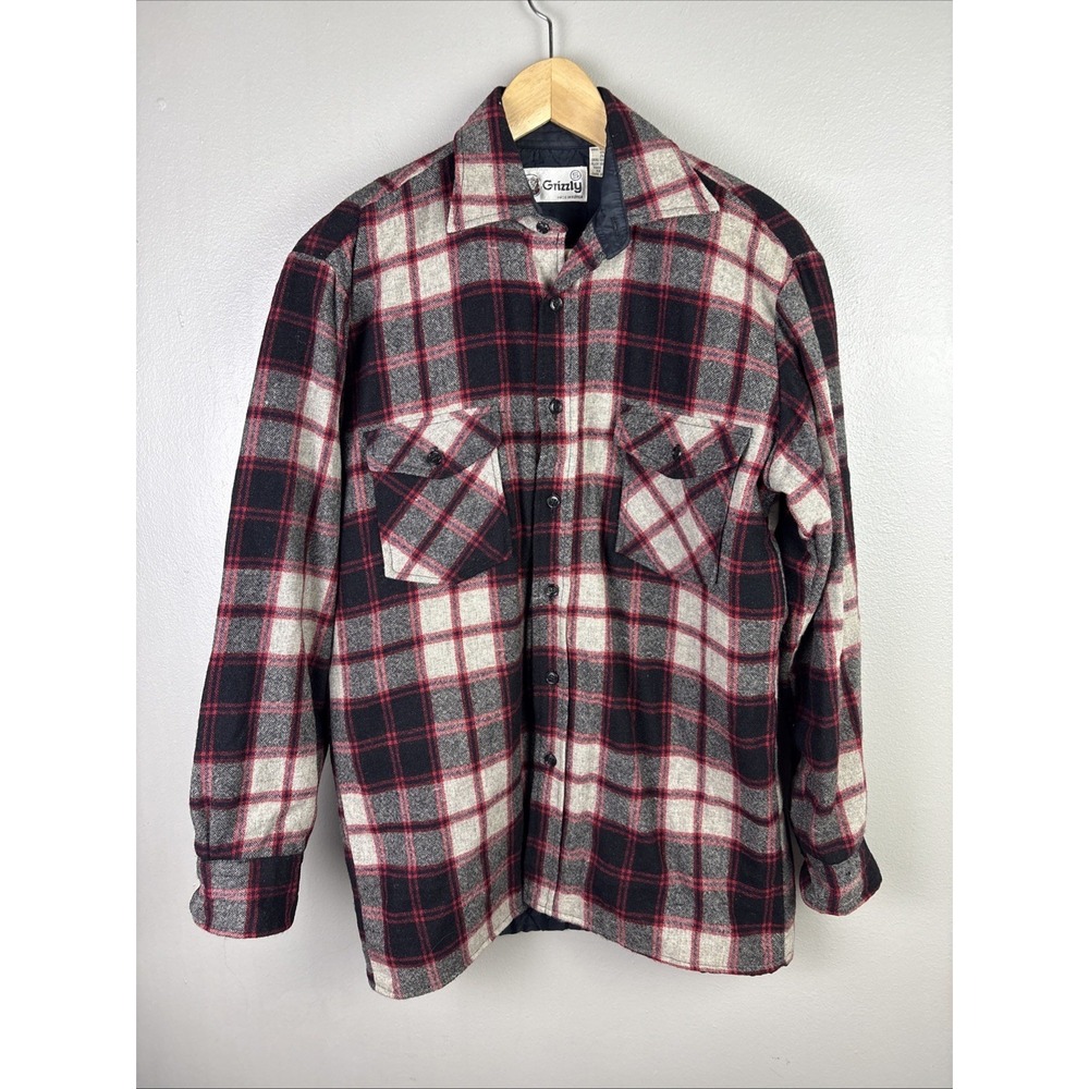 Vintage Lined Wool Blend Button Up Plaid Shirt Size Small Made In Korea Grizzly